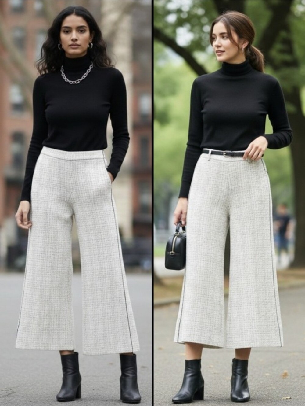 ME+EM Womens Wide-Leg Tweed Cream/Black Cropped Pants Cotton Travel Office Sz 14